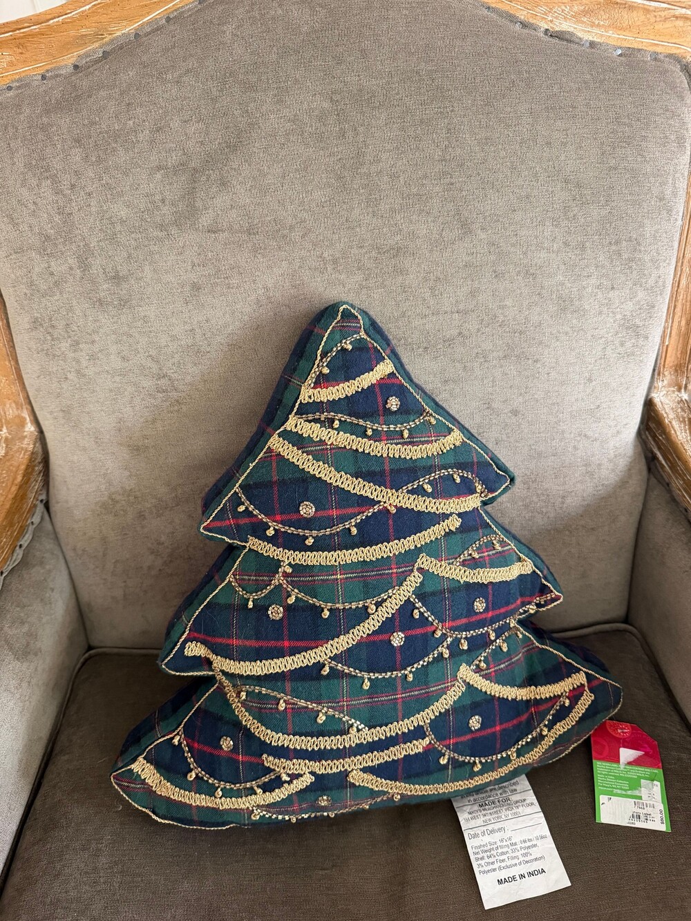 Martha Stewart Collection Christmas Tree Pillow 16x16 Green Navy Plaid Cotton Po - Picture 2 of 7